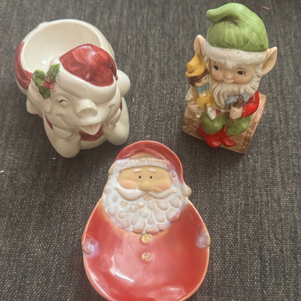 Fitz and Floyd and Homco Festive Santa and Elf Ceramic Trio